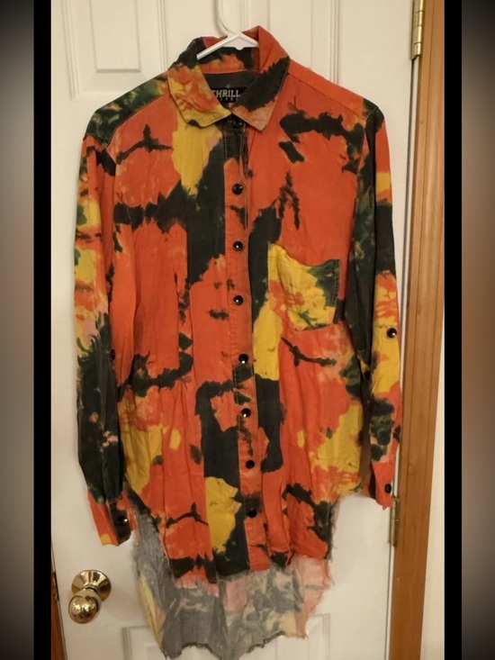 Thrill Jeans Tops - Thrill Jeans Hi Low Tie-Dyed Button Up Shirt Duster XL Destroyed Colorful Cotton